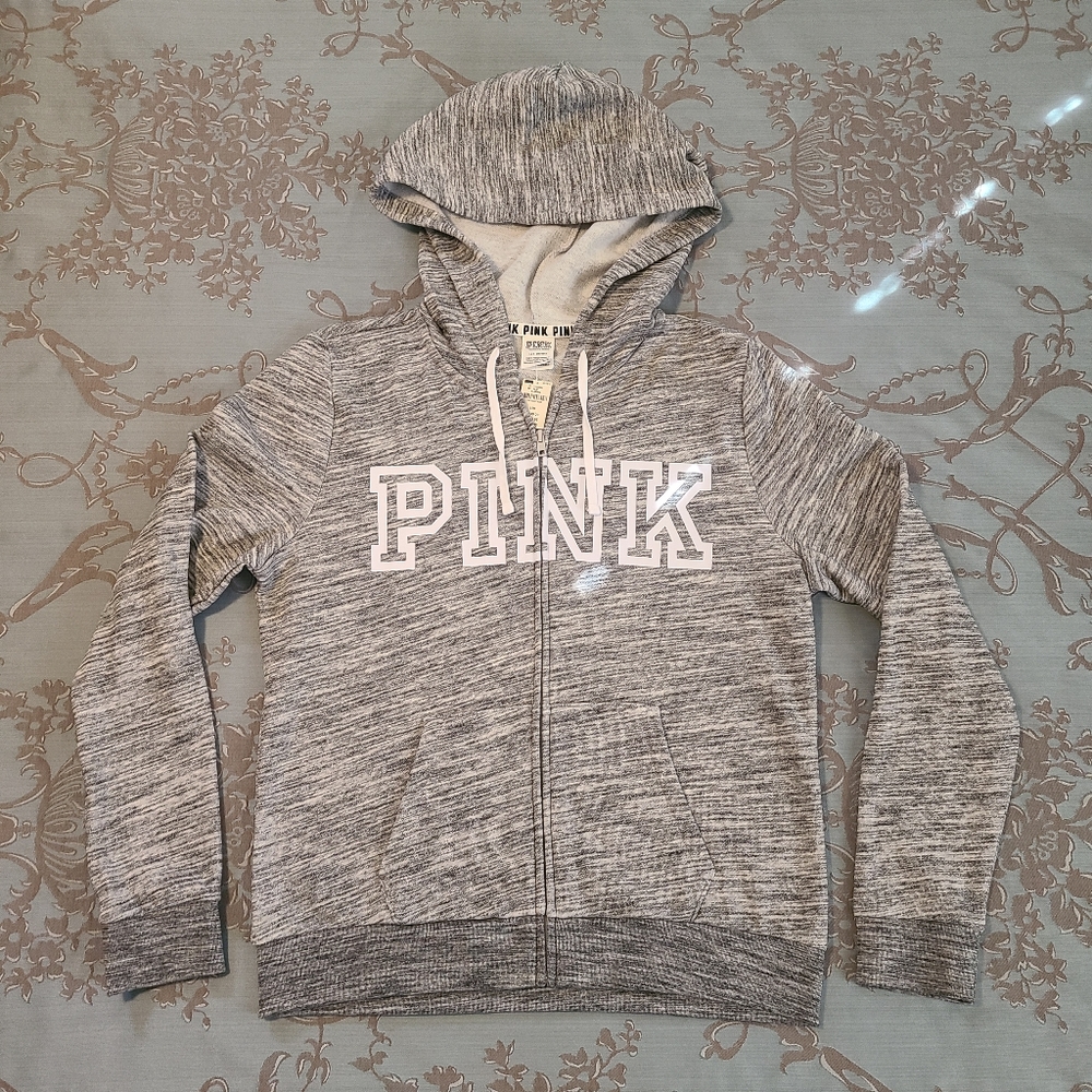 Victoria's Secret PINK Full Zip Hoodie Heathered White Black Size Large